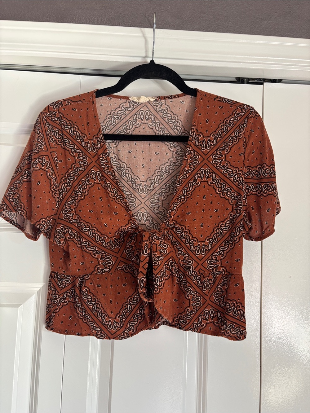 Rust Bandana Print Tie-Front Women's Top